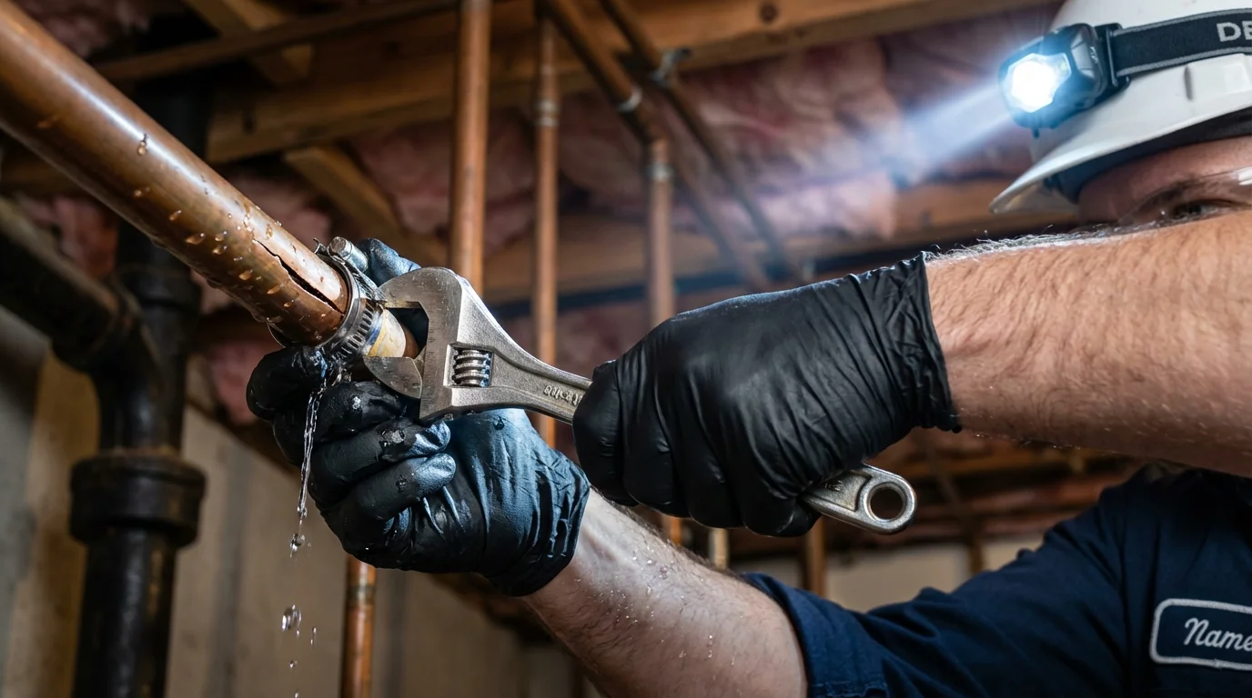 Emergency pipe clamp repair being performed by a Johns Plumbing LLC plumber in Richmond Hill