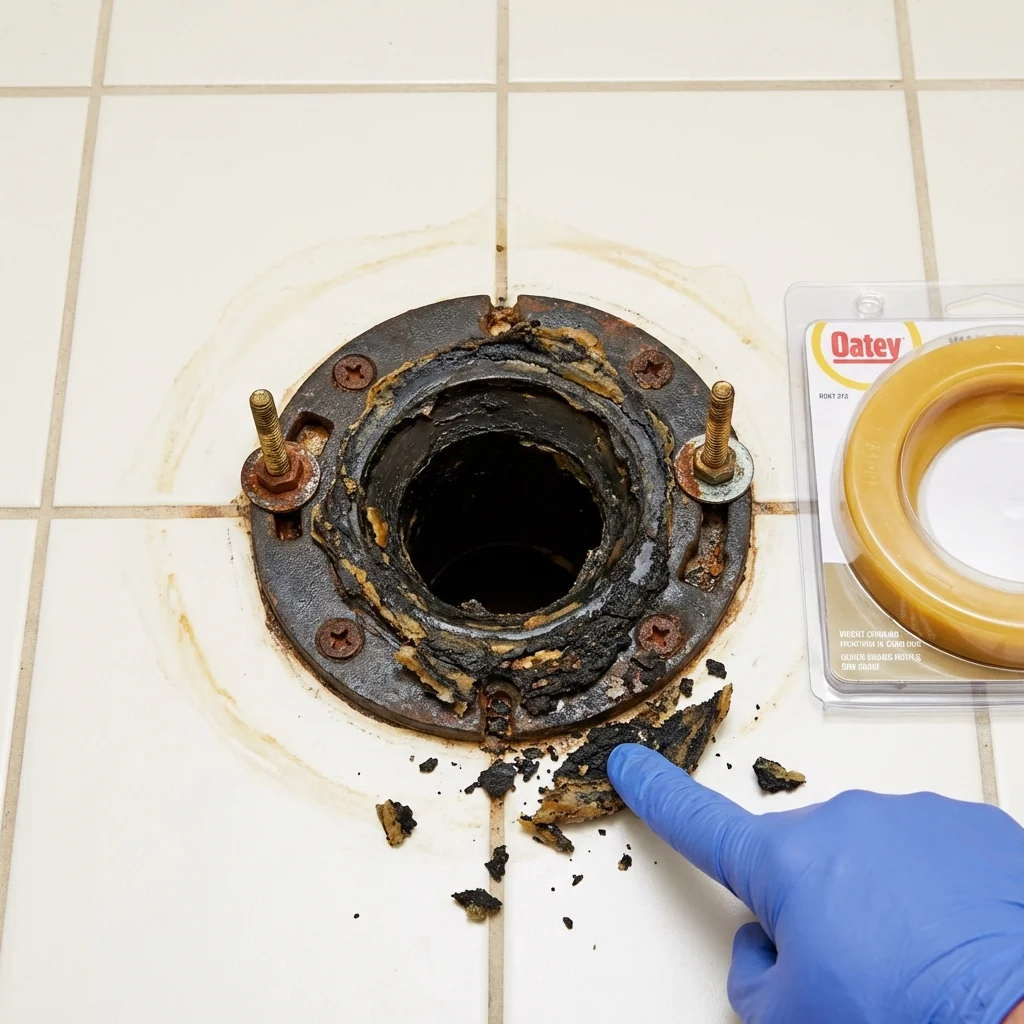 Failed wax ring showing water seepage at the base of a toilet in a Richmond Hill, NY home