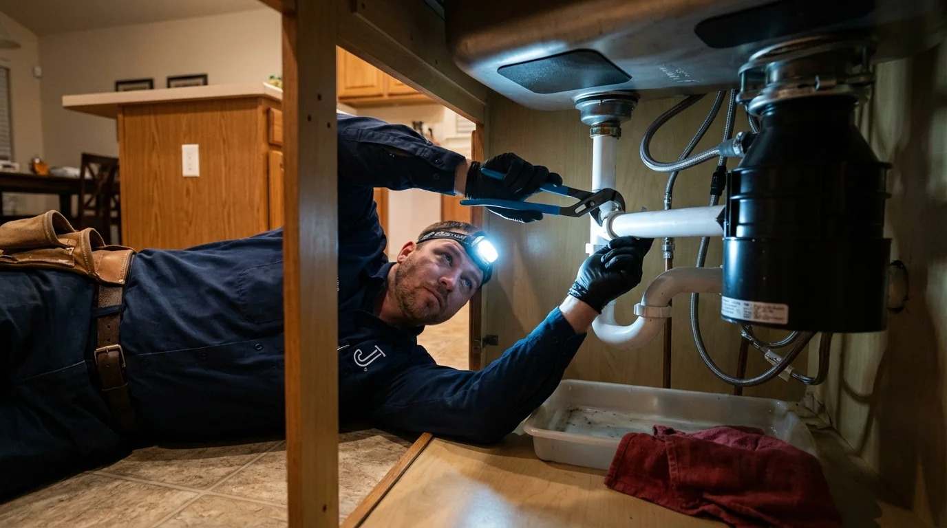 P-trap and supply line connections under a kitchen sink showing a common leak point in Richmond Hill, NY